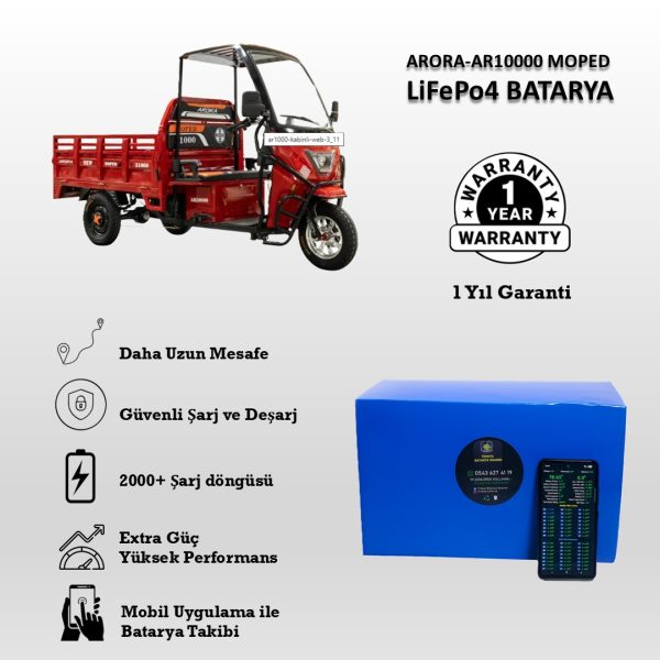 Arora- AR10000 Kabinli Moped Uyumlu LiFePO4 Batarya 72V 42Ah